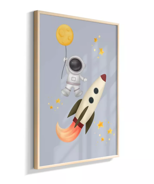 Astronauta com balão da lua e foguete (azul claro)