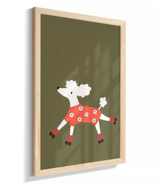 Cachorra poodle de patins e tricot floral (fundo verde musgo)