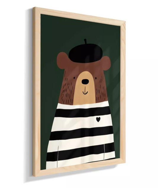 Urso com casaco listrado p/b e boina (fundo verde)