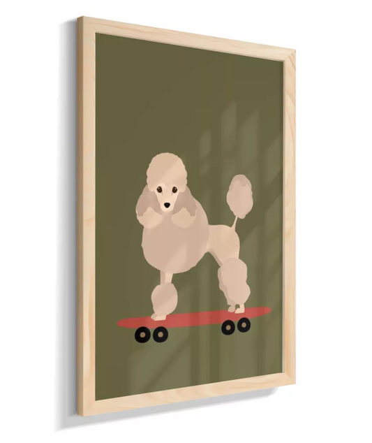 Cachorra poodle com skate (fundo verde musgo)