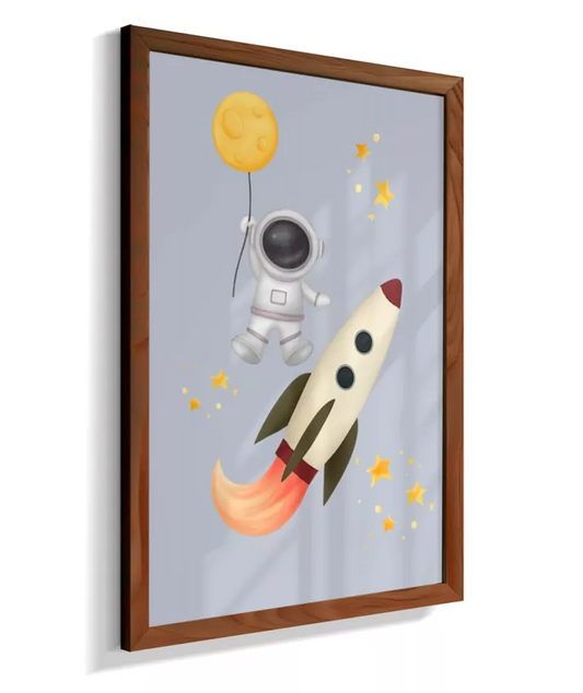 Astronauta com balão da lua e foguete (azul claro)