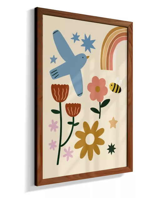 Jardim encantado (pássaro, abelha, flores, arco-íris)