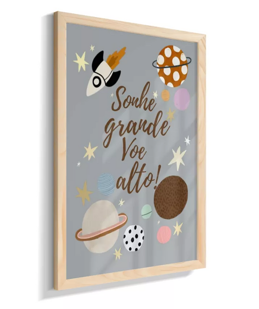 Sonhe grande - Planetas, foguete (fundo azul cinzento)