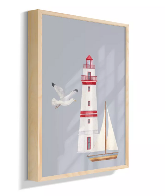 Farol com barco e gaivota