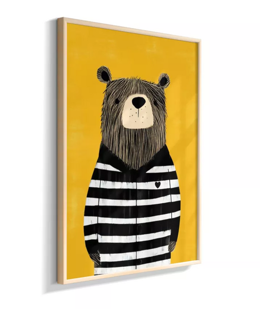 Urso com casaco listrado p/b (fundo pitado amarelo)