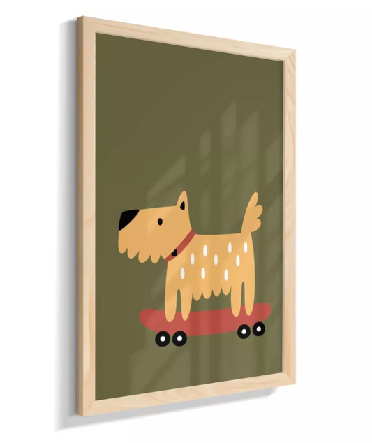 Cachorro no skate (fundo verde musgo)