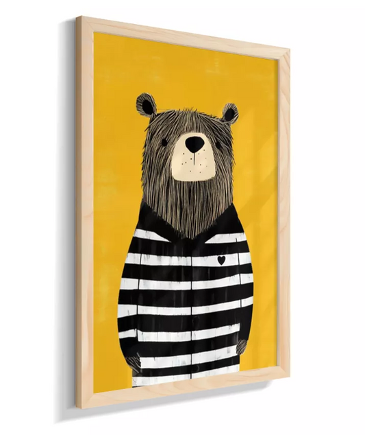 Urso com casaco listrado p/b (fundo pitado amarelo)