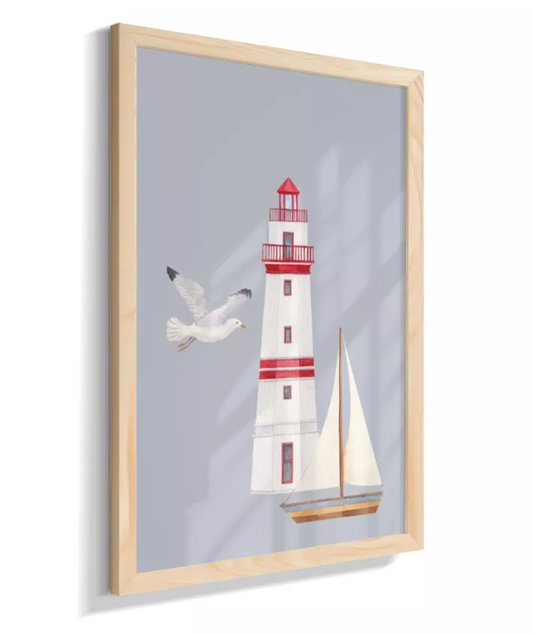 Farol com barco e gaivota