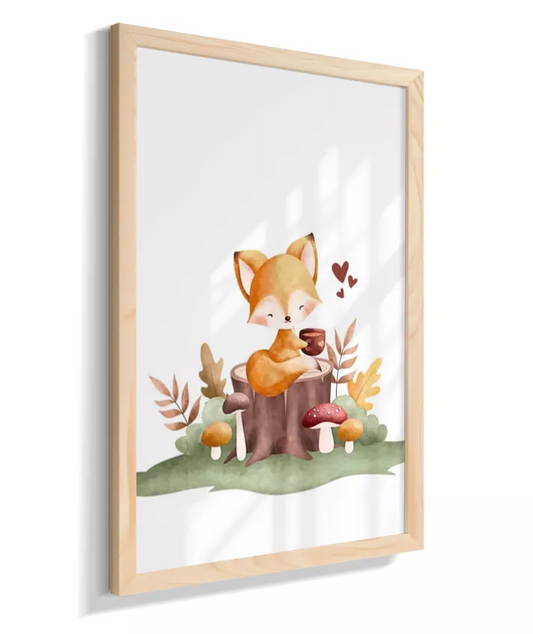 Raposa no bosque com cogumelos