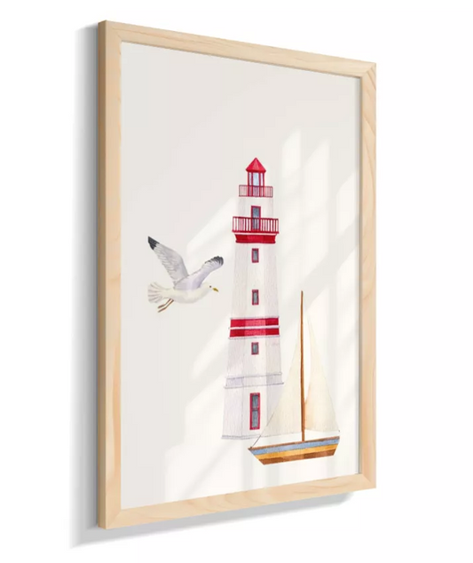 Farol com barco e gaivota (fundo azul)