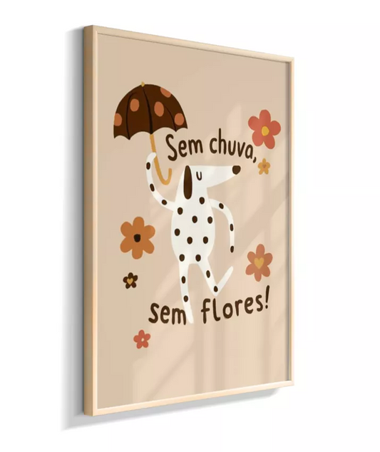 Dálmata na chuva (fundo bege e frase em português)