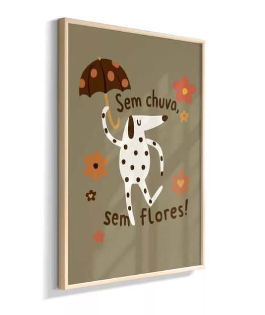 Dálmata na chuva (fundo esverdeado e frase em português)