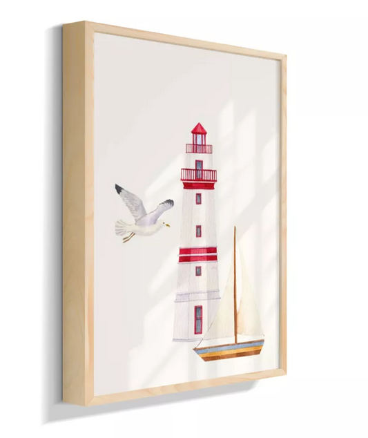 Farol com barco e gaivota (fundo azul)