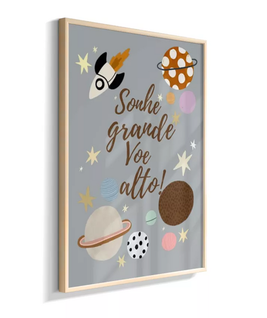 Sonhe grande - Planetas, foguete (fundo azul cinzento)