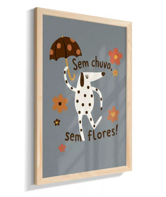 Dálmata na chuva (fundo azul e frase em português)