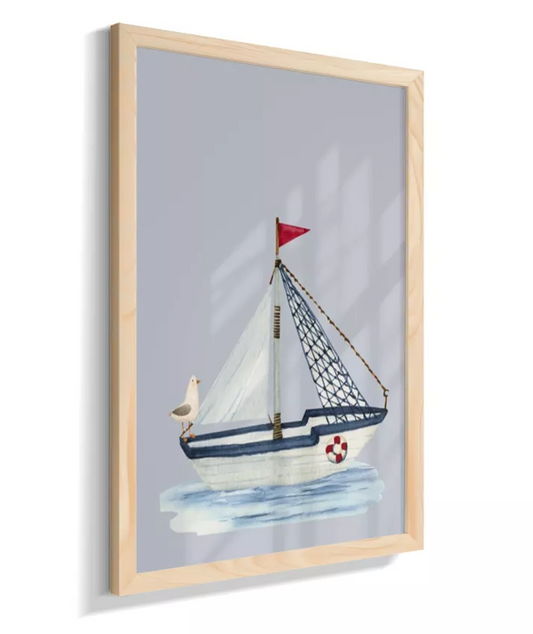 Barco no mar com gaivota (fundo azul)