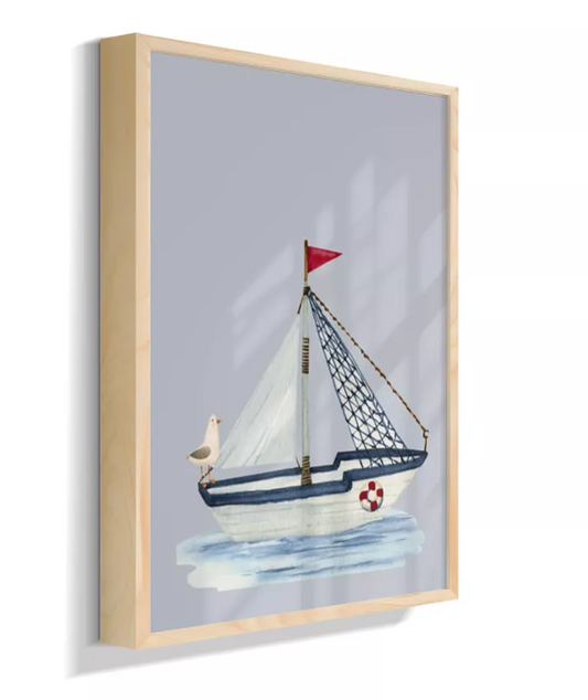 Barco no mar com gaivota (fundo azul)