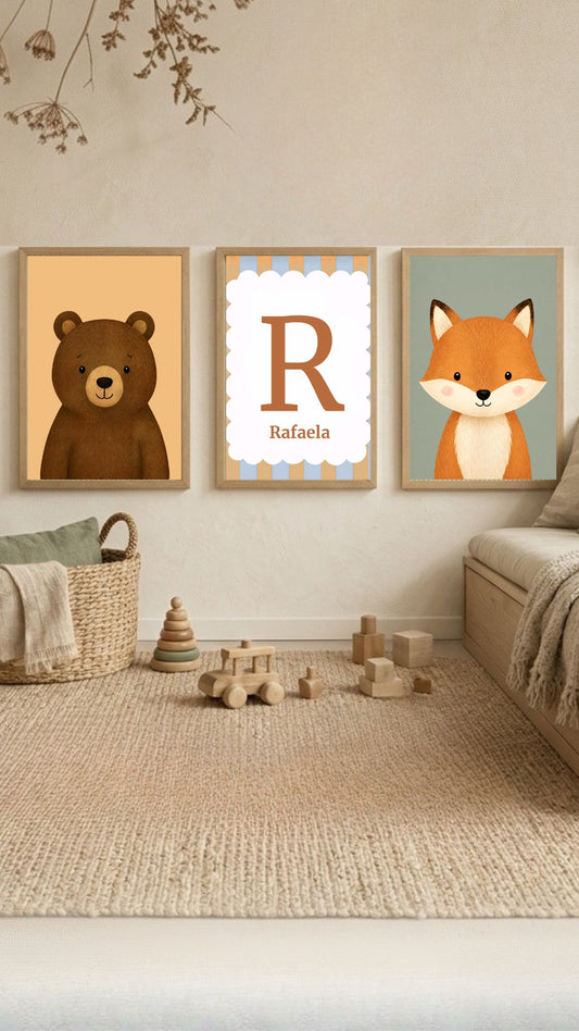 Kit Trio Quadros Animais do bosque com nome personalizado (Colorido)