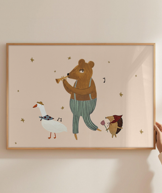 Amigos lúdicos (urso, porco espinho e pato) com música na horizontal