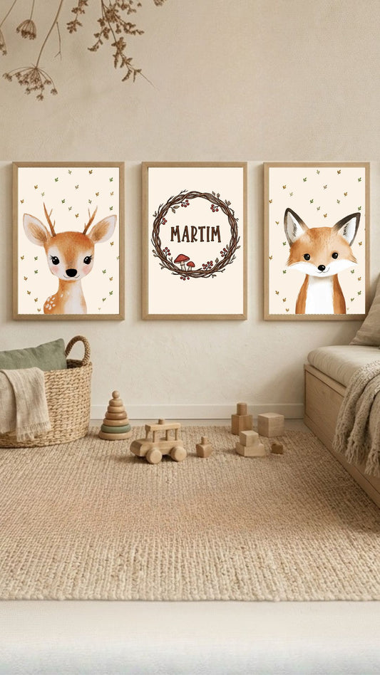 Kit Trio Quadros Animais do bosque com nome personalizado