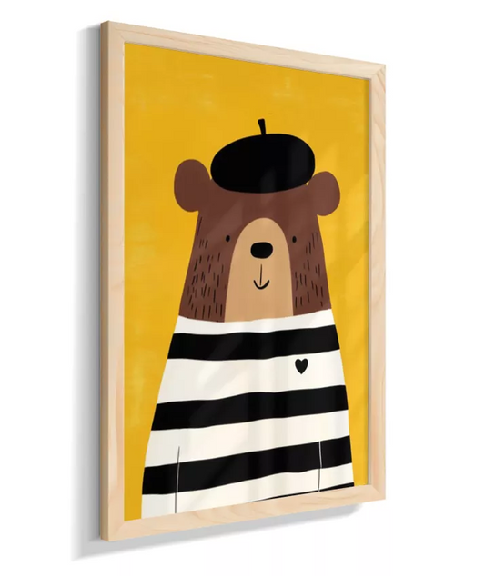 Urso com casaco listrado p/b e boina (fundo amarelo pintado)