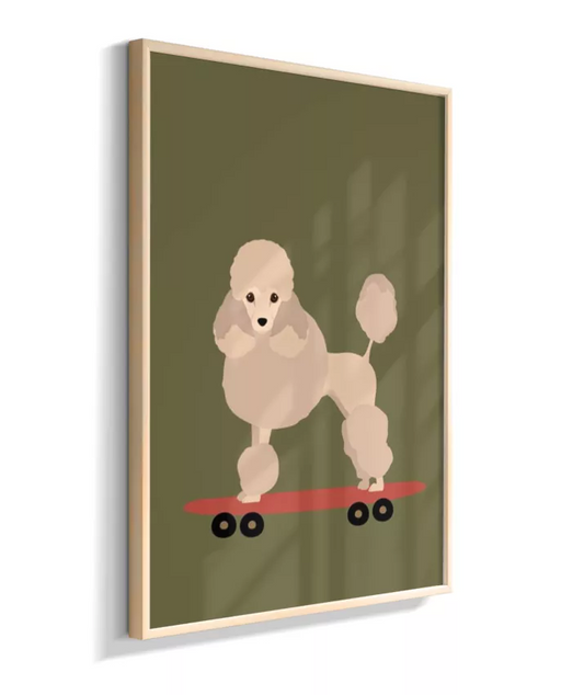 Cachorra poodle com skate (fundo verde musgo)