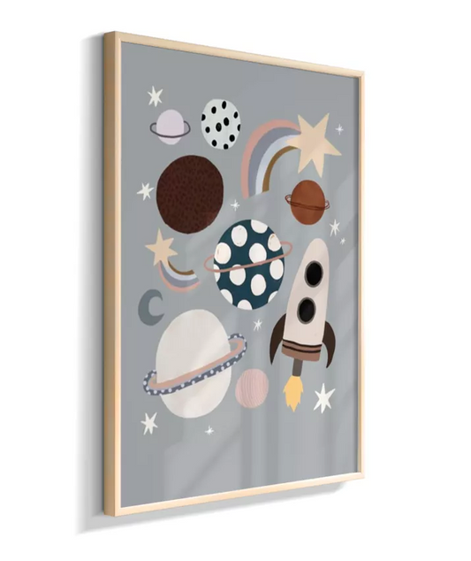 Planetas, foguete estrelas (fundo azul cinzento)