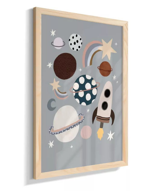 Planetas, foguete estrelas (fundo azul cinzento)