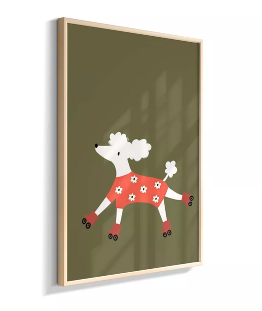 Cachorra poodle de patins e tricot floral (fundo verde musgo)