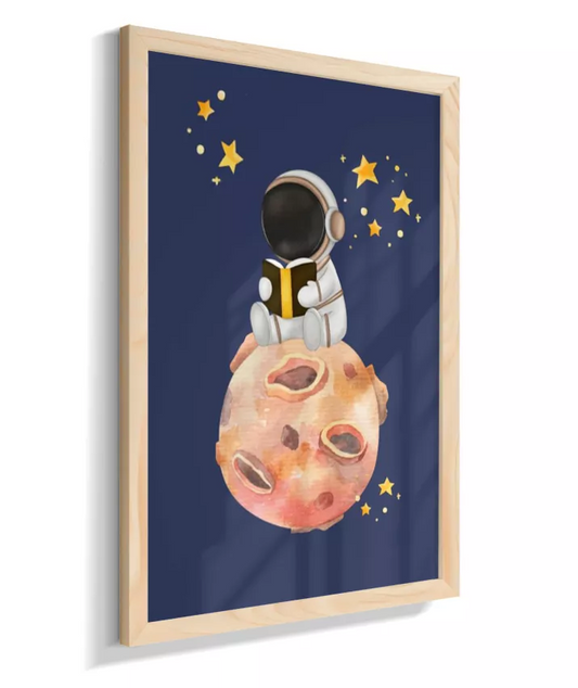 Astronauta lendo livro na lua (azul)