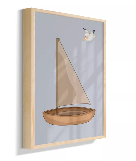 Barco de madeira com gaivota (fundo azul claro)