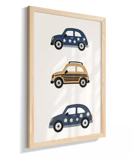 3 carros, estrelas, listras e flores