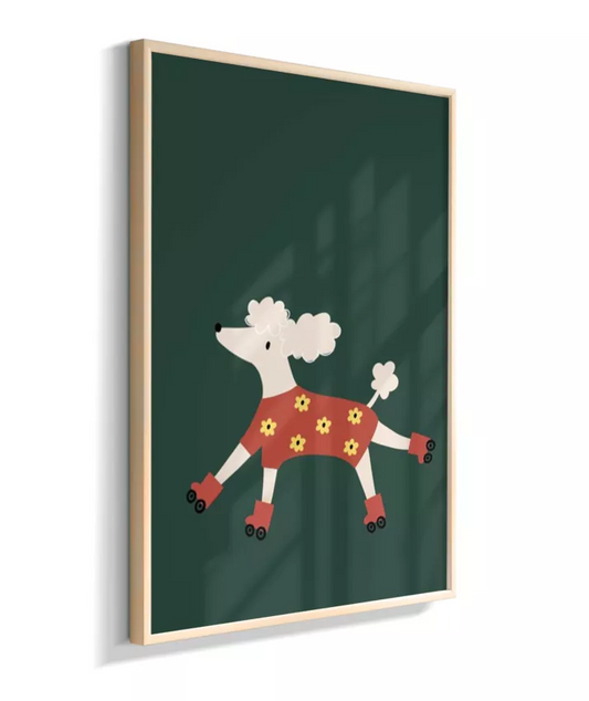 Cachorra poodle de patins e tricot floral (fundo verde)