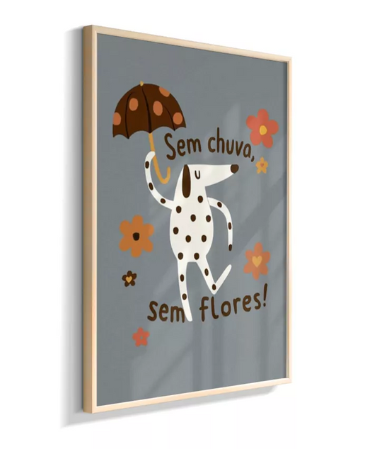 Dálmata na chuva (fundo azul e frase em português)