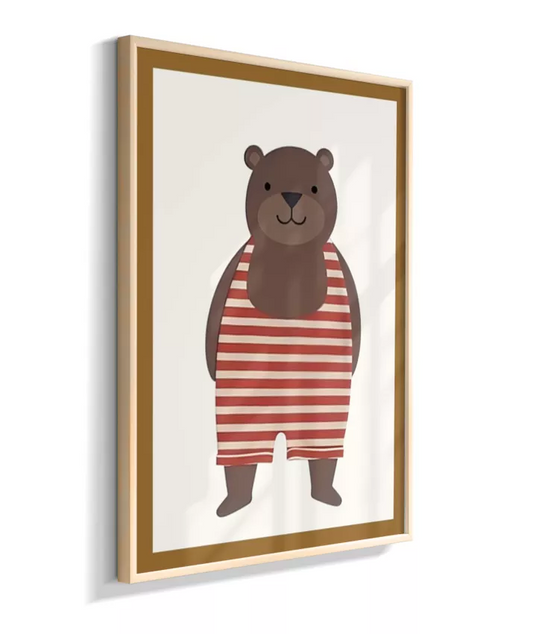 Urso com macacão listrado (detalhe simulando moldura marrom)