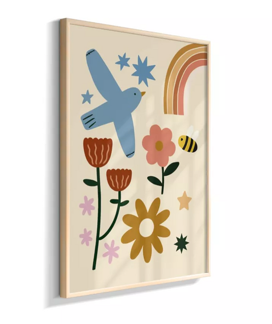 Jardim encantado (pássaro, abelha, flores, arco-íris)