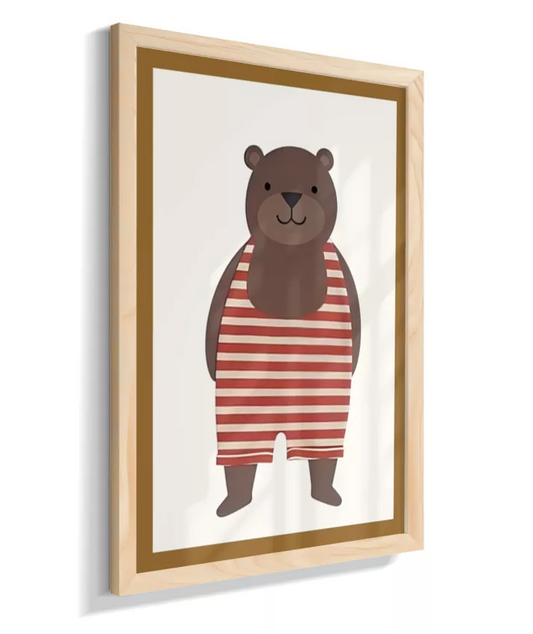 Urso com macacão listrado (detalhe simulando moldura marrom)