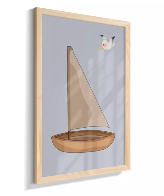 Barco de madeira com gaivota (fundo azul claro)