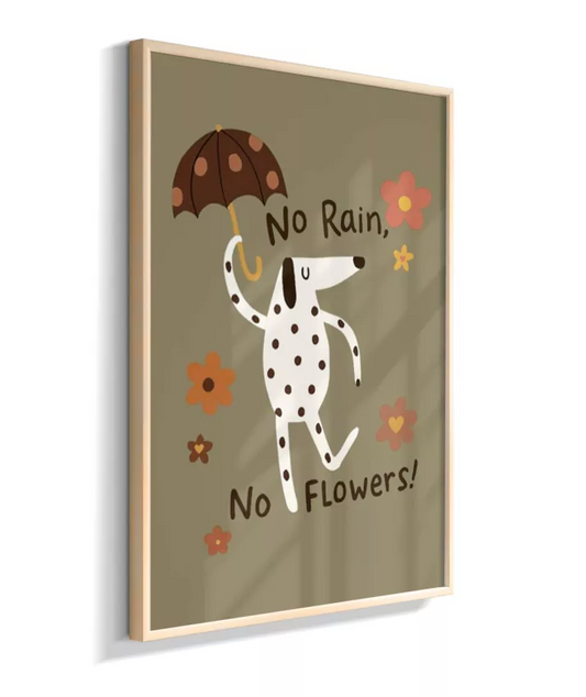 Dálmata na chuva (fundo esverdeado e frase em inglês)