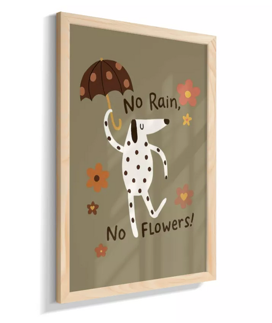 Dálmata na chuva (fundo esverdeado e frase em inglês)