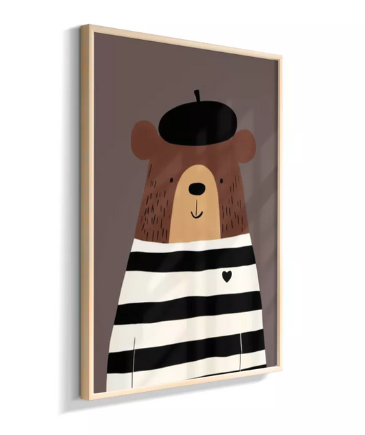 Urso com casaco listrado p/b e boina (fundo marrom)