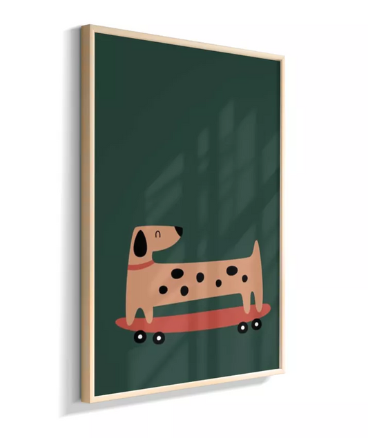 Cachorro salsicha no skate (fundo verde)