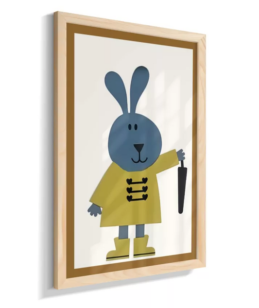 Coelho com guarda-chuva e galocha (detalhe simulando moldura marrom)