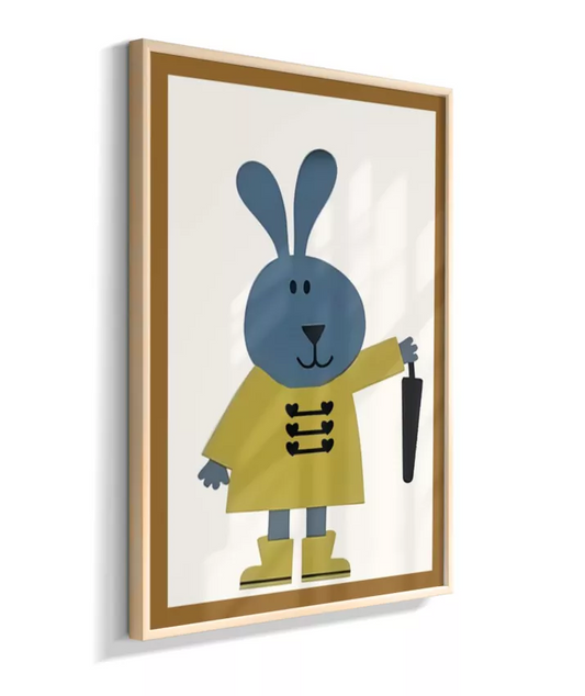 Coelho com guarda-chuva e galocha (detalhe simulando moldura marrom)