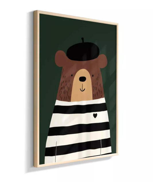 Urso com casaco listrado p/b e boina (fundo verde)